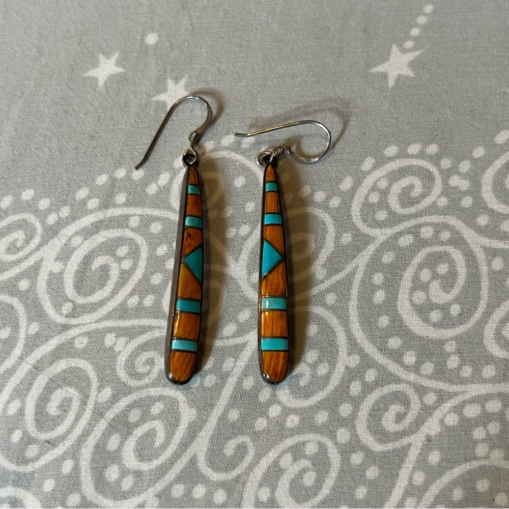 vintage native american spiny oyster and turquoise dangle earrings